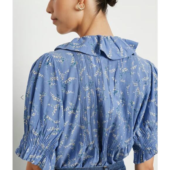 DOEN Blue Bluebell Ballad Floral Henri Top Cotton Blouse Size X-Small - Picture 3 of 16